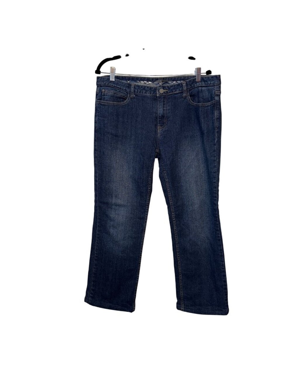 Prana Womens Blue Denim Jeans Size 12 With Plaid Lining & Straight Leg